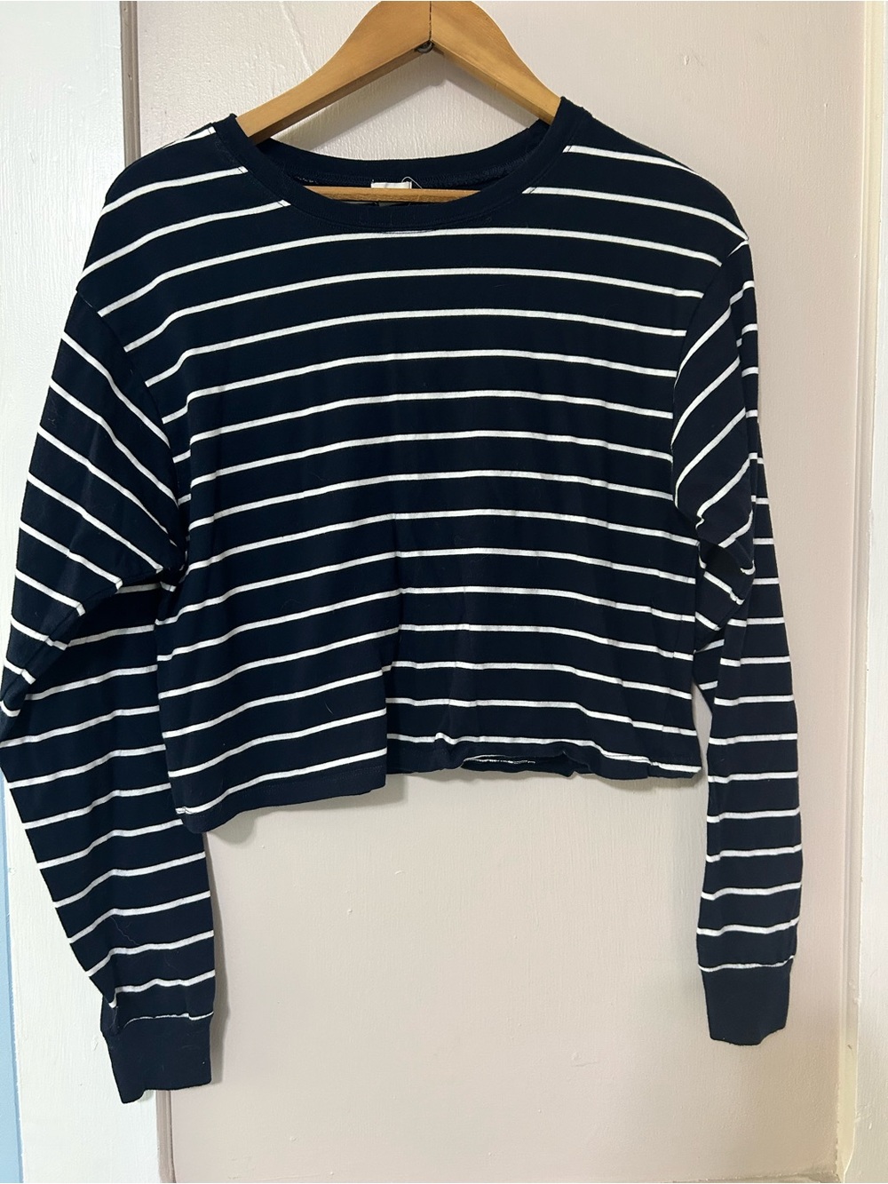 Garage Navy & White Striped Long-Sleeve Cropped Tee